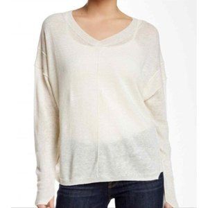Brochu Walker Sweater 100% Linen Lightweight Raw Seams High Low V-Neck Beige S